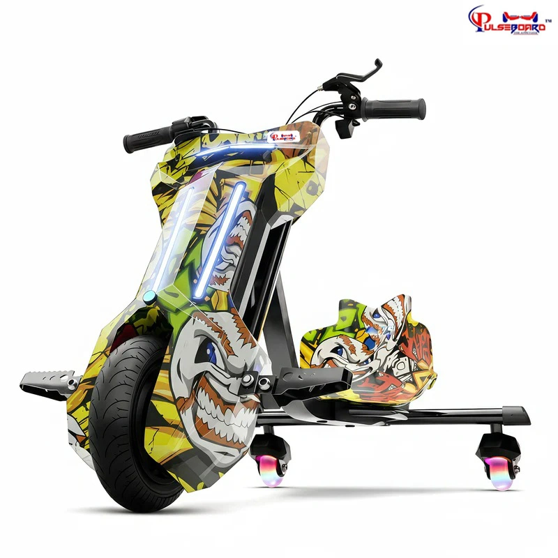 Pulseboard T9 3-Wheel Electric Drift Scooter with LED Lights & Bluetooth – 360° Drifter Ride for Kids & Adults (Extreme Ed-Hardy Color)